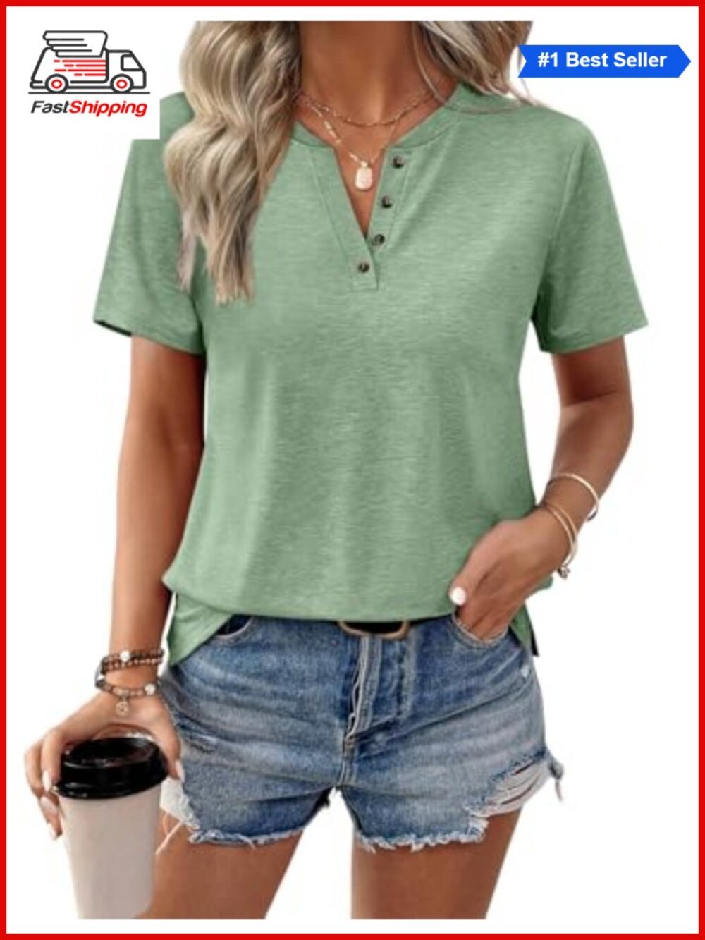 Womens V Neck Short Sleeve Tops Button Loose Summer T Shirt